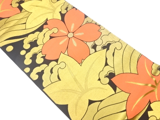 荒波に花・葉模様織出し全通袋帯